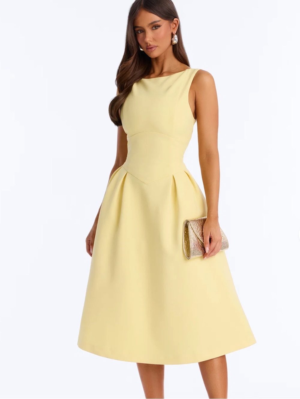 Fashion Nova Anika Pleated Midi Dress in Butter Yellow